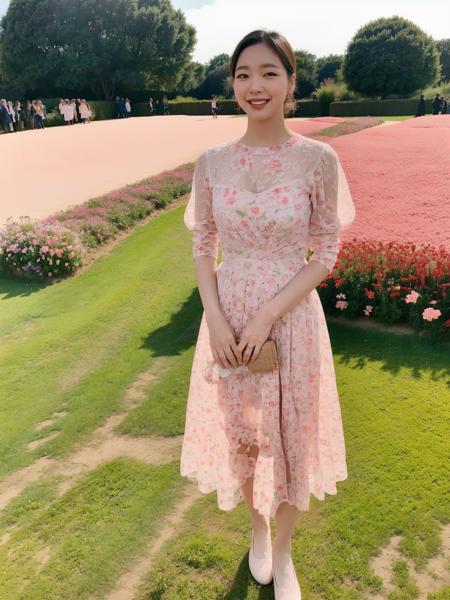 KGEun, wearing a pink dress, standing in a flower field, (8k, RAW photo, best quality, masterpiece:1.2), (realistic, photo-realistic:1.37), professional lighting, photon mapping, radiosity, physically-based rendering  <lora:KGEun2:0.7>