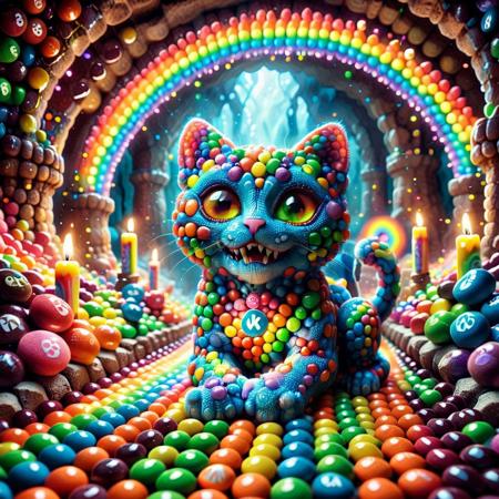 A feline creature with gem-encrusted fur and glowing eyes prowling through an underground crystal cavern lit by magical torches.
,Skittles, Taste the Rainbow, items made of skittles, skittles theme, narrating excitedly, bright palette, expressive faces, score_9, score_8_up, score_8_up, masterpiece,super detailed face, super high resolution, FaceDetail, masterpiece-level, highly detailed, intricate details, detailed background, complex background, cinematic, intricately detailed illustration, depth of field, masterpiece, best quality, amazing quality, very aesthetic, absurdres, newest, very awa, shadow, dynamic angle,