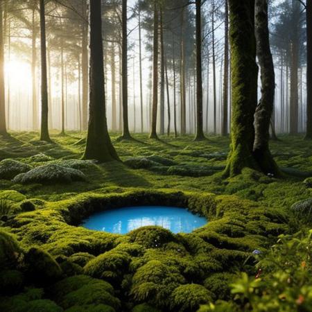 A hyper-realistic painting featuring a three-dimensional blue triangle with human eyes and a mouth, clearly expressing an emotion such as sadness or joy. The triangle should have realistic textures and lighting, making it appear as part of the physical world. It is set in a lush, vibrant forest at dawn, with sunlight filtering through dense foliage, illuminating the moss-covered ground and small wildflowers. Birds and woodland creatures add life to the serene setting. The triangle should blend seamlessly into the environment despite its surreal form, creating a striking contrast between the natural beauty of the forest and the lifelike, anthropomorphic triangle