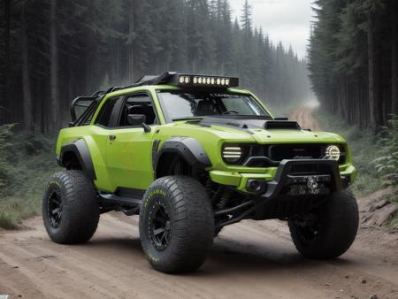 cyberpunk (((off road muscle car zeekars))), wide tires, in a forest, <lora:zeekars:0.65>, (diesels punk)