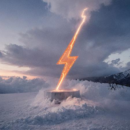 А huge gigantic statue (made of ogange translucent glass:1.2) in shape of simple zigzag lightning with rounded edges stands in the middle of a snowy landscape on chrome polished pedestal. The glass lightning is glowing from inside with orange light. (There are orange and blue electrical discharges around it. The clouds above it are spiraling. The inscription "BUZZ" is on the chrome polished pedestal:1.3)
Highly detailed, UHD, sharp focus on the object, cinematic