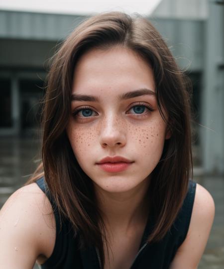 RAW Photograph, lens flare, dslr, soft lighting, high quality, film grain, Fujifilm XT3, insane details, masterpiece, 8k, 35mm photograph, dslr, kodachrome, vignette, vintage, Kodachrome, Lomography, stained, highly detailed, found footage, a cute girl, (18 years old, young:1.1), freckles, innocent, pale, sweaty, detailed skins,  (cropped vest:1.1),  pouting, blue eyes,  pink rouge, wet hair,neon lights, skyline,  hazy, from below,