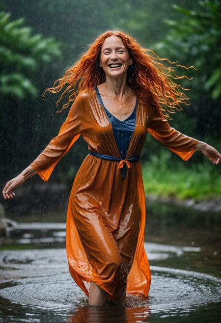 A captivating, cinematic day time photo of an elegant beautiful (older:1.2) woman, (age 50:1.2), dancing in the rain, happily smiling, arms out, with long curly dark orange wet hair mixed with wisps of grey hair, (freckles:1.3), wet skin, looking at camera, full body view. She is dressed in an exquisite, dark blue and orange transparent wet nightgown. Her long orange hair flows elegantly, and her eyes are a striking shade of green. Matching slippers enhances her look. The background is a shallow creek, DarkFantasy, photo, cinematic,