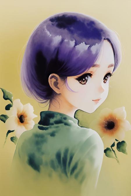 watercolor \(medium\), upper body, solo, 1girl, purple hair, dark brown eyes, backlighting, Rice_flower \(flower\), floral background <lora:Mikimoto_haruhiko_style_v02:1>