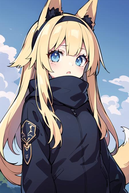 masterpiece, (best quality), (ultra-detailed:1.25), dynamic angle, upper body, 1 cute girl in outdoors, holding blue scarf, ///, beautiful blue eyes, fine blonde hair, open mouth, blue hairband, ///, fox ears, black gloves, black jacket, blush, closed mouth, (outdoors:1.4)