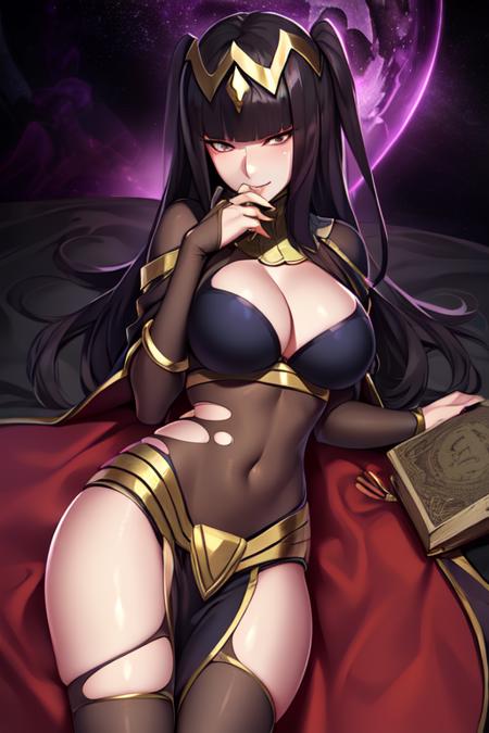 ((extreme detail)),(ultra-detailed), extremely detailed CG unity 8k wallpaper, tharja,  <lora:Tharja:0.7>,  gold loincloth, gold-lined bodystocking, gold hairband, gold collar,  holding book, ((torn clothes)), lying, hand to own chin, looking at viewer, ((dark aura)), (dark energy), (black magic), evil smile,