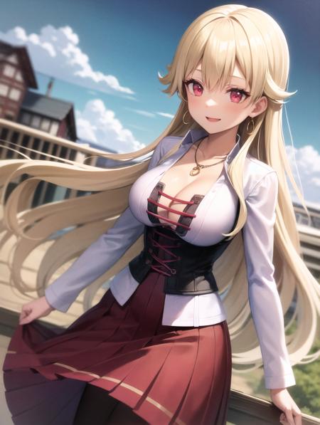 best quality, (masterpiece:1.2), illustration, absurdres,
(1girl, solo), (beautiful detailed girl), (cowboy shot),
<lora:RoseliaOlder-06:0.8>, Roselia Millstein, blond hair, very long hair, red eyes, large breasts,
necklace, earrings, white shirt, cleavage, long sleeves, red laced corset, long skirt, red skirt, purple pantyhose, brown boots,
smile,
park, sky, clouds, trees, buildings,