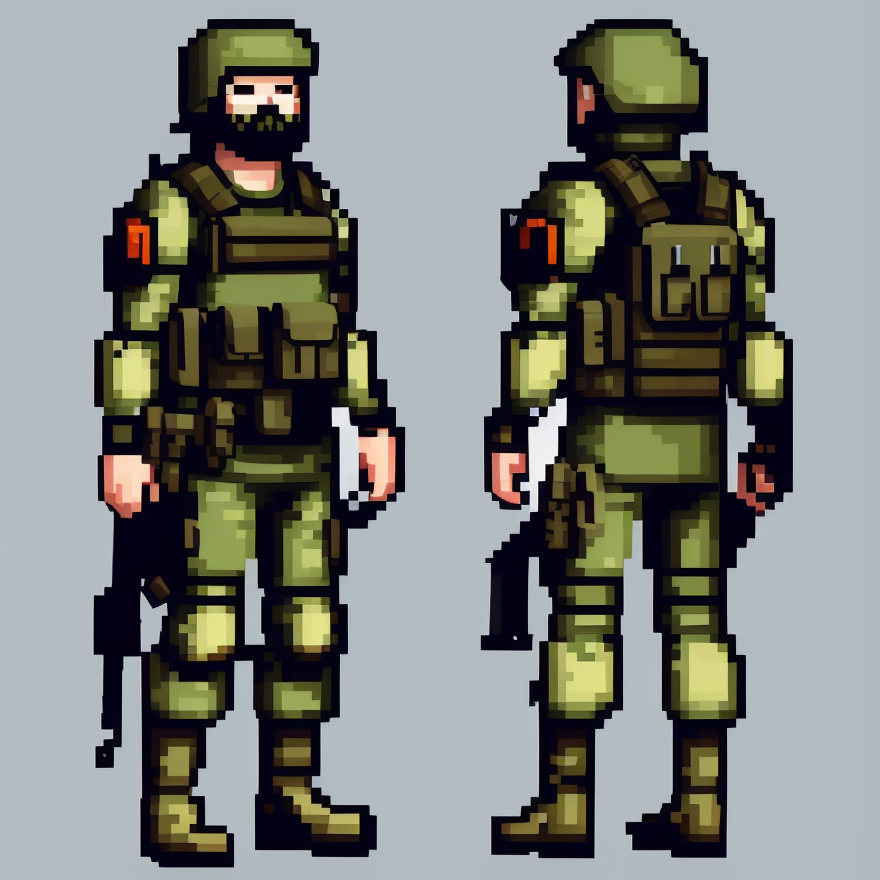 pixelart  video game character, Create a member of an elite special forces unit, wearing camo fatigues, combat boots, and ...