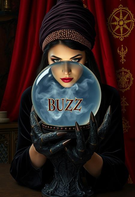 A beautiful witch is peering into a crystal ball on a pedestal in the shape of a dragon's claw.in a demonic hand. Her flawlessly beautiful face is framed by a intricate beaded headdress and her velvet dress has a high collar framing her face. In the smokey, swirling depths of the crystal ball can be read the word "BUZZ" in gothic letters. The background is an arcane workshop with heavy red velvet drapes embroidered with golden magical symbols. The scene is dark and mysterious and arcane.