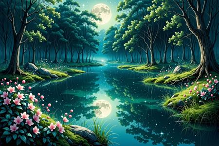 Masterful artwork depicting a secluded enchanted grove in the midst of ominous wetlands, a hidden sanctuary and gift from the force of light and kindness = a pond of crystal clear water fed by a bubbling spring emerging from a rock outcropping surrounded by a thick layer of confiers and deciduous trees interspersed by berries and flowers whose blossoms are currently closed for the night as the landscape softly shimmers under tender touch of sparse moonbeams piercing the cloud cover above. wondrous and fantastic landscape, grove, trees, pond, moonlight, mystery, mist, fog, flowers, meadow, starlight, enchanted grove, 
eerie glow, bushes, rose thicket, shrubs, vines, grass, moss, peaceful, light particles, fireflies, orchid, reed, soft, cozy, perfect lighting, 
perfect composition, depth of field, off-center composition, rule of thirds,
masterpiece, absurdres, best quality, intricate details, perfect shading, very aesthetic, ultra-detailed, comfy, cozy, peaceful