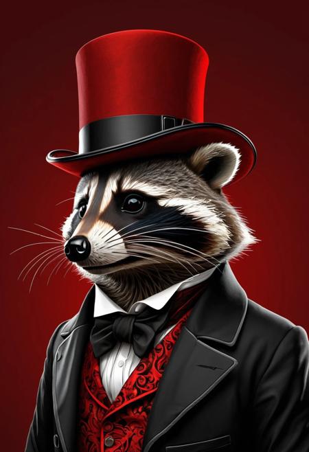 award winning digital art, side portrait of sophisticated raccoon wearing a suit and a high hat and a monocle, victorian style, masterpiece, extremely detailed, 32k, UHD <lora:xl_more_art-full_v1:1> <lora:detailed_notrigger:1> Minimalist vector illustration, futuristic, sharp angular designs, bold red background, intense expression, modern urban style, clean lines, high contrast between black, white, and red, sleek futuristic aesthetics.