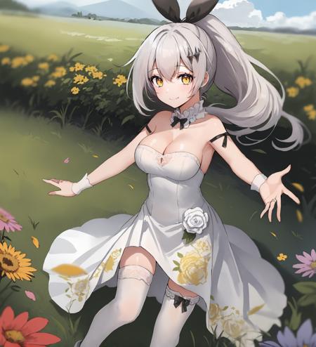 <lora:FiveSevenWedding:1>,1girl,solo,ponytail,white hair,hair ribbon,yellow eyes,hair ornament,black ribbon,wedding dress,cleavage,bare shoulders,white thighhighs, flower