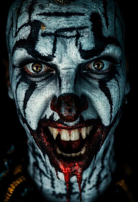 bo-neon, ArcaneFGTNR, a highly detailed digital artwork depicting a close-up of a person's face, likely a clown or clown, with a striking and intense expression, the subject's face is predominantly white, with bold, black and red graffiti-like patterns covering the entire surface, including horizontal and vertical lines, creating a chaotic yet striking design, the graffiti is predominantly black with gold accents, adding a sense of chaos and intensity, the person's eyes are large and expressive, with golden irises that stand out against the stark white background, their lips are full and slightly parted, revealing sharp, white teeth with a vivid red interior, dripping with blood, the texture of the graffiti appears rough and uneven, with some areas appearing darker than others, the background is a solid black, ensuring that the focus remains on the subject, the overall style of the artwork is highly stylized and hyper-realistic, with meticulous attention to detail and texture, making it a captivating and provocative piece of art, high quality, ultra detailed, colorful, grainy, cyberpunk fantasy<lora:boFLUX Abyss Neon.safetensors:0.8:0.8> <lora:ArcaneFGTNR.safetensors:1.0:1.0>