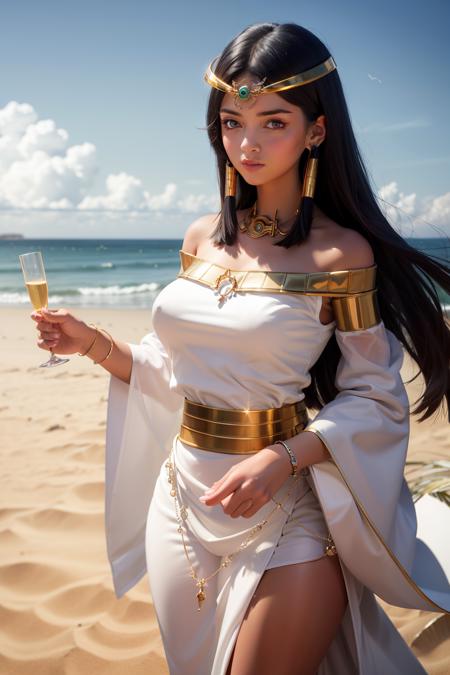 masterpiece, best quality,1girl, black hair, dark skin, solo, blue eyes, dark-skinned female, long hair, breasts, desert, jewelry, egyptian, large breasts, gold, necklace, circlet, dress, bare shoulders, bracelet, wide sleeves, covered nipples, sky, eye of horus, cloud, off shoulder, blue sky, day, hair tubes