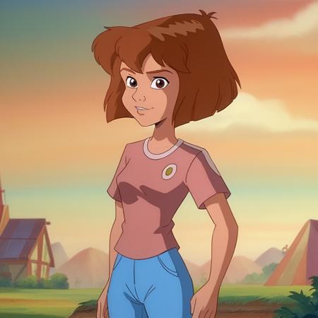 BudgieFerngully, 1girl, solo, brown hair, short hair, brown eyes, retro artstyle,  pink shirt, blue pants, 
