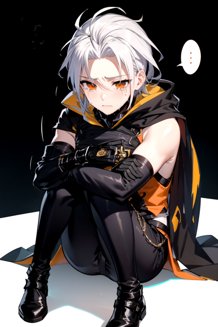 <lora:ZekeTOF-09:0.7> ,zeketof, 1boy, solo, male focus, brown eyes, white hair, gloves, sitting, full body, black gloves, pants, tears, chibi, cape, orange eyes, black pants, trembling, crying, crying with eyes open, hugging own legs, sad