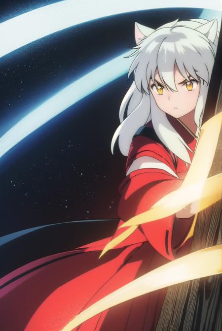 inuyasha, long hair, animal ears, white hair, male focus,dog ears, (yellow eyes:1.5), japanese clothes, hakama, red hakama,