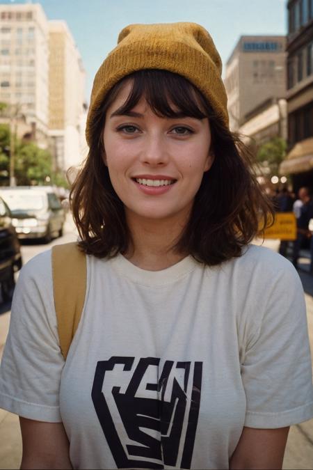 analog film photo solo, tstyle, realistic, ((vintage photo)), ((woman)), (((1990s style shaggy haircut with sideswept bangs wearing a beanie,))), (((grin512:1.2))), ((Thistle wearing 90s skater fashion: black graphic tee shirt, olive green cargo pants, slip on sneakers, wristband, doing kickflip on skateboard,)), ((Balancing on a tightrope between two skyscrapers, she defies gravity, showcasing her daring spirit)), high detailed, (cinematic shot:1.3), PA7_Human-Likeness, PA7_Photo, 8k, clear facial features, pastel themed colorgrade, in style of wes anderson, <lora:PAseer-SD15-LCM Quick:1> <lora:picxer_real:.5> <lora:ReaLora:.2> skin <lora:TStyle_-_Photography_Style:.2> <lora:[US]_-_Jane_Badler:1> janebadler . faded film, desaturated, 35mm photo, grainy, vignette, vintage, Kodachrome, Lomography, stained, highly detailed, found footage