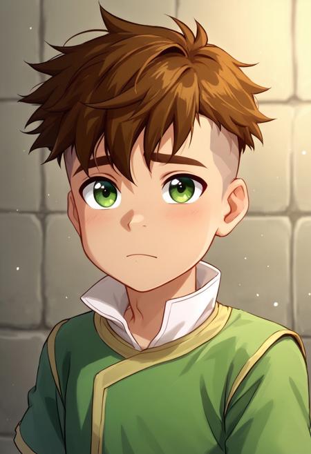 Kai, Brown Hair, Undercut, Green Eyes Air Nomad Outfit Green Tunic, Suspenders, Black Pants Airbender Wingsuit Green Tunic, Green Short Sleeve Jacket Prison Tunic, sleeveless 