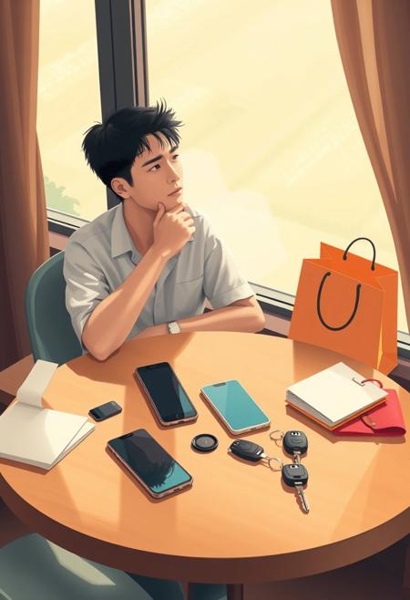 Overhead shot: café table scattered with latest smartphone/luxury car keys/designer shopping bags, but Asian young man gazing out window with empty expression, reflection on table shows simple rice field cottage, soft focus background, warm-cool color conflict, minimalist composition, Zen illustration style --ar 3:2