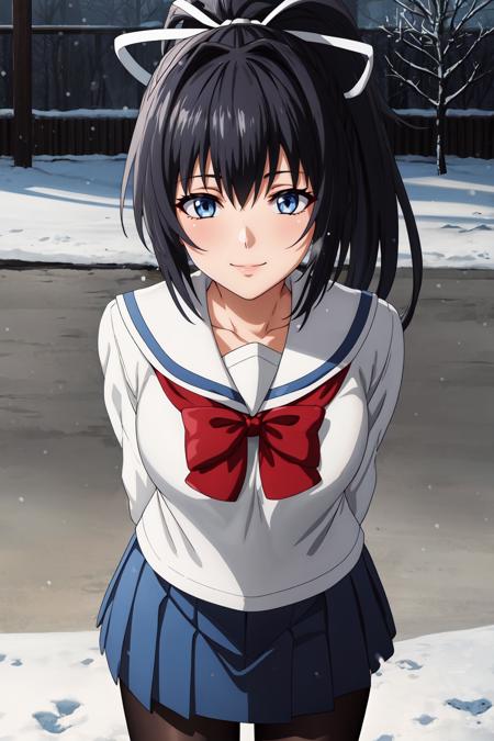 (masterpiece, best quality:1.2), highres, anime screencap, anime coloring, perfect lighting, 1girl, solo, smile, head tilt,
ChitoseYukino_V1, black hair, long hair, ponytail, bangs, blue eyes, medium breasts, hair ribbon, white ribbon,
BREAK school uniform, serafuku, (white shirt:1.), long sleeves, sailor collar, red bowtie, blue skirt, pleated skirt, black pantyhose,
standing, arms behind back, leaning forward,
outdoors, winter, snow, snowing, looking at viewer, from above,
<lora:add_detail_CyberAlchemist:0.4>, <lora:GoodHands-beta2:0.8>, <lora:HitouChitoseYukinoV1-000009:0.85>