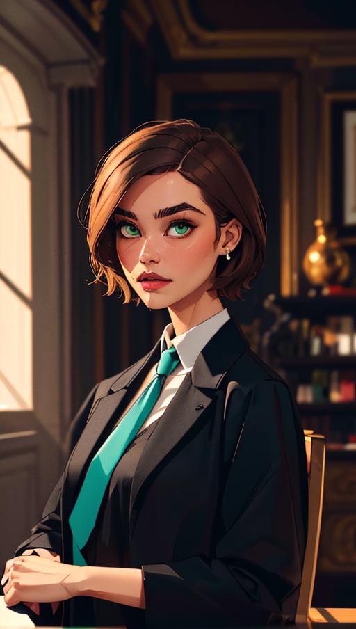 A beautifully drawn image of a woman wearing a suit and tie, with a green shirt underneath.