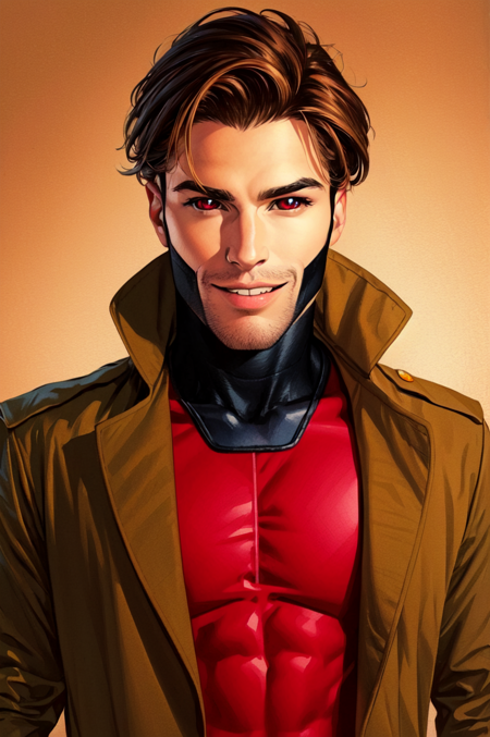 <lora:Remy_Lebeau:0.7>  Le Diable Blanc, Gambit, Remy Lebeau, detailed eyes , detailed face, shiny skin, masterpiece, best illustration, 1boy, male focus, solo, facial hair, stubble, colored sclera, red eyes, black sclera, brown hair, smile, upper body, bodysuit, parted lips, jacket, cropped torso, looking at viewer