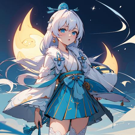 (masterpiece:1.2), (best quality:1.3), starlit_astrologos, 1girl, flat_chest, standing, cowboy_shot, chinese_clothes, long_sleeves, white_thighhighs, night_sky, night, sky, lantern, <lora:starlit_astrologos_v7-000019:1>