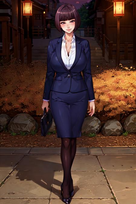 (masterpiece, best quality, semirealistic:1.3), Itsuki Shima, mature female, black pantyhose, pencil skirt, highheels, full body shot, short hair, brown hair, bob cut, brown eyes, huge breasts, cleavage, looking at viewer, office lady, formal, suit, skirt suit, jacket, collared shirt, perfect body, perfect eyes, anime eyes, eyeshadow, perfect face, (horny, blush, smirking:1.2), evening park, sunset, bright background, grass, japaneese park background, park lanterns, intricate background, sharp focus, professional artwork, intricate details, (vibrant colors, vivid colors, Diffused lighting:1.1), digital blending, ultra detailed body, ultra detail hair, ultra detail face, trending on pixiv, <lora:ItsukiShimaV1-000003:0.85>,  <lora:epi_noiseoffset2:1>