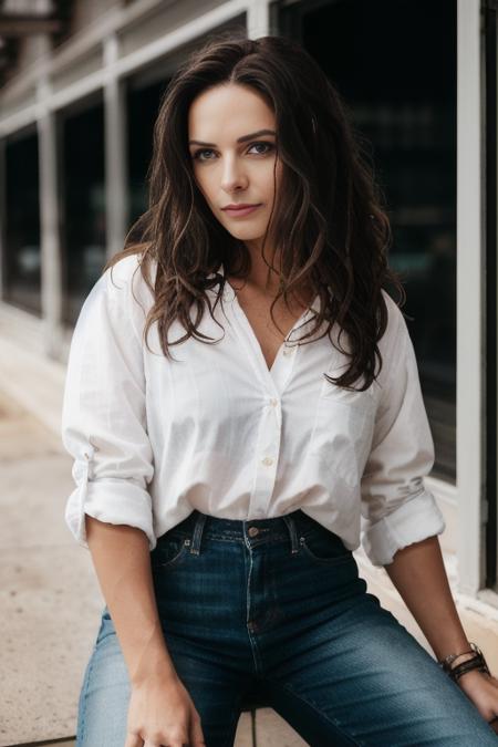 <lora:r3b3cc4f3rgus0n:0.9>, a Realistic photo of a r3b3cc4f3rgus0n woman,long hair, looking at viewer, simple background, brown hair, shirt, white background, brown eyes, sitting, full body, shoes, pants, high heels, lips, arm support, denim, jeans, realistic, soft lighting, professional Photography, Photorealistic, detailed, standing in a dark Studio Room background, blurred background, RAW, analog, sharp focus, 8k, HD, DSLR, high quality, Fujifilm XT3, film grain, award winning, masterpiece