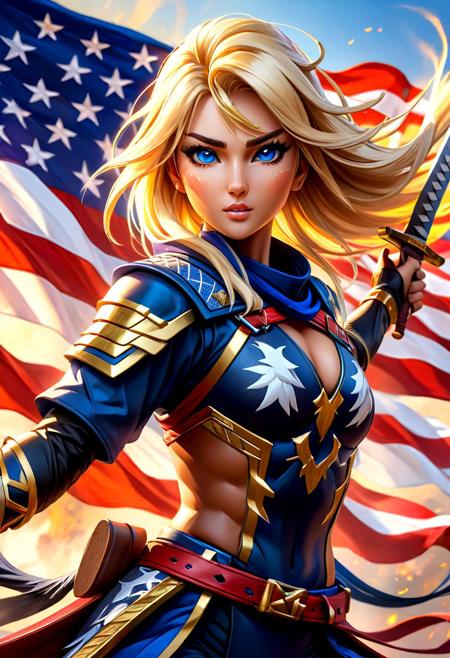 masterpiece,HDR,trending on artstation,sharp focus,high contrast,8K,Hyper-detailed,intricate details,cinematic lighting,   <lora:add-detail-xl:1> perfect eyes, crystal clear eyes, nsfw, hyper maximalist , American theme, blonde hair, american flag, 
image presents a stylized  ninja, characterized by vibrant and abstract splashes of hot dogs and eagles. the main figure, the ninja, is depicted in a dynamic pose, holding a sword, which suggests action or combat. the background features bold and expressive brush strokes that create an energetic atmosphere. the colors used are vivid and varied american flag colors, with multiple shades and hues creating a lively visual experience of freedom. overall, the style can be described as modern and artistic, with a strong emphasis on movement and energy and eagles.