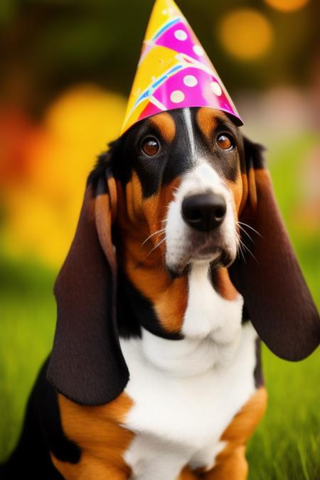 basset2788 <lora:basset27:1>, wearing colorful birthday cone hat, bokeh effect,