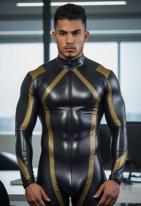 two strong 24-year-old brazillian bodybuilder males, with a buzz undercut hair, detailed face, confused expressions, wearing a skin tight black latex cybernetic suits with dark-gray and gold latex details, wearing skin tight dark-gray latex jockstraps over his latex suits, standing at attention posture,  on a modern office, looking to the camera, detailed face, professional photography, shot on sony a 7RIII , looking to the camera,  detailed skin face and eyes, natural lighting ,  film grain, low contrast, natural face,  dark circles under eyes