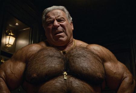(photo, realistic, raw), (nighttime, at night, dark, dark hard shadows, cinematic atmosphere, movie grain, hazey atmosphere), closeup from below, ( dumb brute, etherial, spiritual, emperor, king, god), old burly buff gentleman, old manly mature man, combed back hair,  doublechin, old hairy tanned grandpa, wrinkly neck, hairy chest, proud big hairy chest, thick neck, hairy armpits, tanned skin, tight golden spandex, gold jewellery, gold necklace, in a dark locker room at night, nighttime, arrogant disgusted disappointed smile, intimite situation, romantic atmosphere, stern, serious, angry, sad expression,