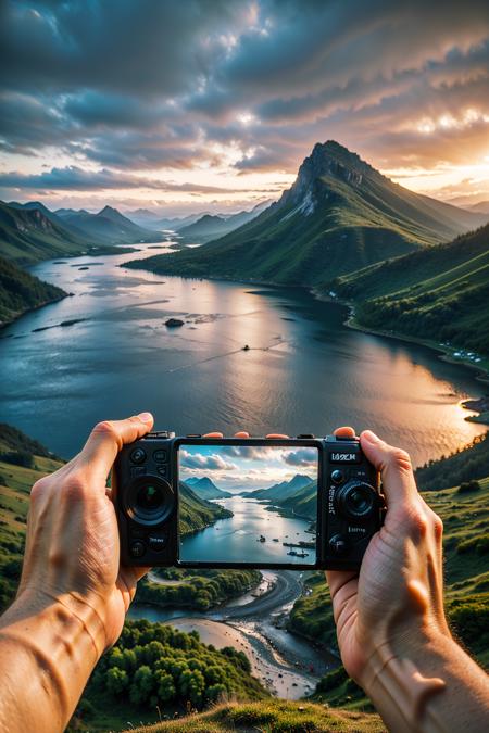 a person holding a camera in their hand with a landscape in the background and a mountain range in the foreground,cloud,mountain,sky,camera,outdoors,scenery,cloudy sky,reflection,holding,holding camera,landscape,pov,long sleeves,lake,mountainous horizon,1girl,road,
Best quality,masterpiece,ultra high res,<lora:chaoren 1:0.6:lbw=exceptfacehigh>,