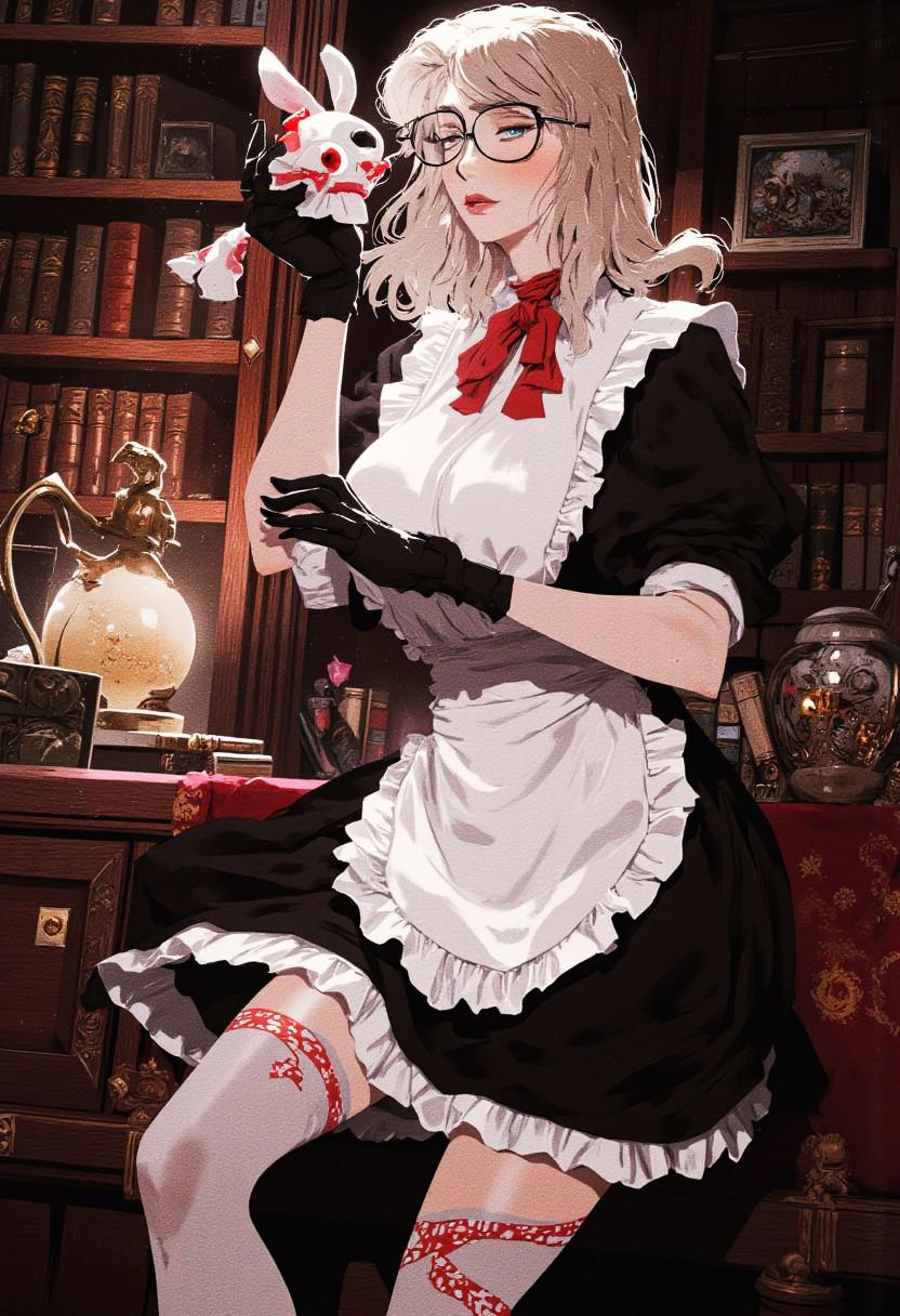 This is a highly detailed,engaging in a playful pose. The cosplayer, a young woman, is standing in a dimly lit room with a rich, dark wooden background that suggests a library or study. She has a light skin tone and shoulder-length, wavy, platinum blonde hair with bangs that partially cover her eyes. Her eyes are partially hidden behind large, black-framed glasses.
She is dressed in a traditional maid outfit, featuring a black and white frilly dress with a high collar, black gloves, and a white apron. Her outfit is accessorized with red and black accents, including a red ribbon tied around her neck. She is holding a small, plush, rabbit-like toy with a white body and red eyes, which she appears to be interacting with playfully.
Her pose is dynamic, with one hand holding the toy and the other hand gesturing playfully. She is wearing thigh-high stockings with red and black patterns, and her legs are crossed, adding to the playful, flirtatious vibe. The background includes bookshelves filled with books, adding to the cozy, intimate setting of the scene. The overall atmosphere is whimsical and playful, with a touch of seductive allure mythp0rt, zhongfenghuaStyle, Detailed hand, Hand, Perfect hand, art by incase