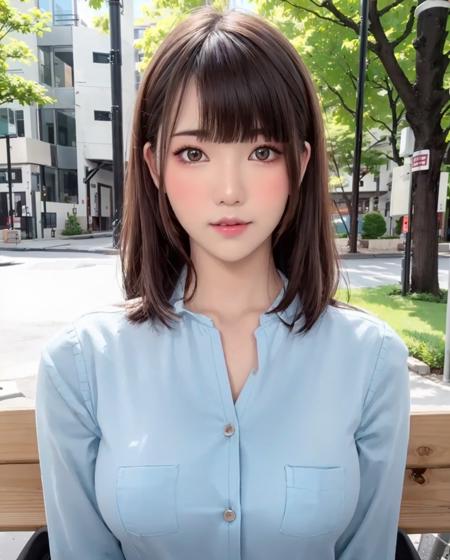 pureerosface_v1:0.3, best quality, photorealistic, 8k, high res, full color, 1girl, woman, 20 years old woman, (closed mouth:1.43), (skindentation), (portrait:0.6), trees, park bench, daylight, ((park background:1.52)), full color, ((officeshirt:1.68)), looking at viewer:1.8, (1girl eyes looking at viewer:1.55), (long hair, brownhair, partedbangs:1.45), (bokeh), <lora:AAG-moii:0.65>