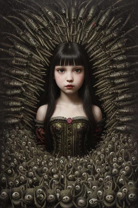 An intricate mixed media artwork depicting a surreal scene of a girl surrounded by a swarm of malevolent anthropomorphic creatures, each with distorted features and sharp teeth, portraying the disturbing mix of innocence and horror. By Mark Ryden.