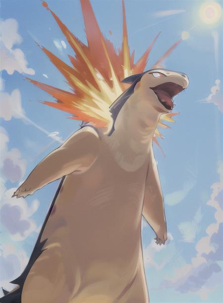 typhlosion, back on fire, looking up, open mouth, tongue, fangs, looking at viewer, standing, standing, from below, from side, outdoors, sky, blue sky, cloud, sun