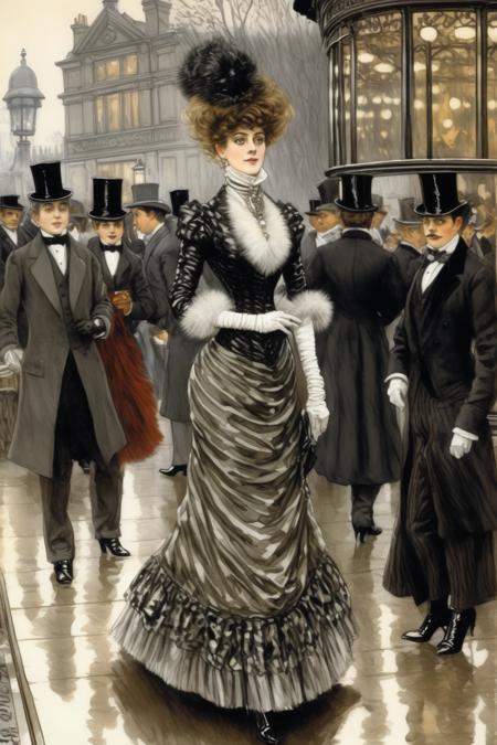 <lora:Paul Gustav Fischer Style:1>Paul Gustav Fischer Style - An image of a beautiful Victorian woman arriving at the entrance to a ball. She is wearing fabulous clothes in the art style of James Tissot