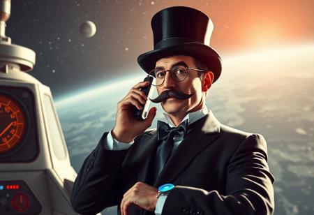 A rich person with a monocle, a moustache and a top hat, is staning on a space station. 1950s style. The person has a hologram watch, wich he is taking a phone call with.