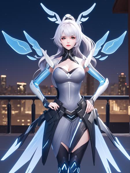 WZRYgongsunliJYZX, 1girl, solo, long hair, breasts, thighhighs, white hair, gloves, ponytail,bangs, dress,mechanical wings,drill hair,hair ornament ,cityscape, night,looking at viewer, mature female, hand on hip,  <lora:WZRYgongsunliJYZXii:0.75>,cowboy shot,