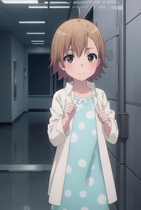 last order, last order \(toaru majutsu no index\), short hair, brown hair, (brown eyes:1.3), ahoge, blush, dress, blue dress, sandals, polka dot, labcoat, polka dot dress,