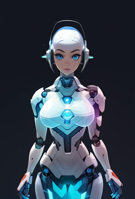 (best quality:1.3), (masterpiece:1.3), (detailed:1.2), distinct image, (Cowboy shot), BREAK Solo, looking at viewer, Tapered body, Half-Up Half-Down blue eyes, Sheer Sleeve volumetric lighting, Artistic Background,big breasts,longer , robot , android,