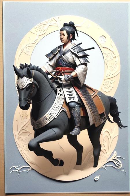 A beautiful and artistic paper cutout composition depicting a samurai warrior on a horse in an elegant, handcrafted style. The compositions are intricately cut from high-quality textured paper, with soft shadows cast onto the background, adding depth and dimension. Surrounding the samurai warrior are delicate paper cutout bonsai, and swirling decorative elements, creating a sense of traditional japanese art and craftsmanship. The lighting is soft and warm, enhancing the texture of the paper and giving the scene a handmade aesthetic. The background is a pale rising sun in a softly blurred gradient to keep the focus on the intricate details of the paper art.