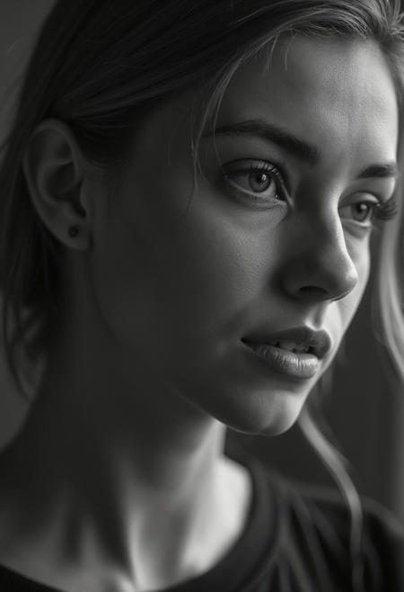 26 y.o. woman, portrait, buste, middle angle, head + bust, monochrome