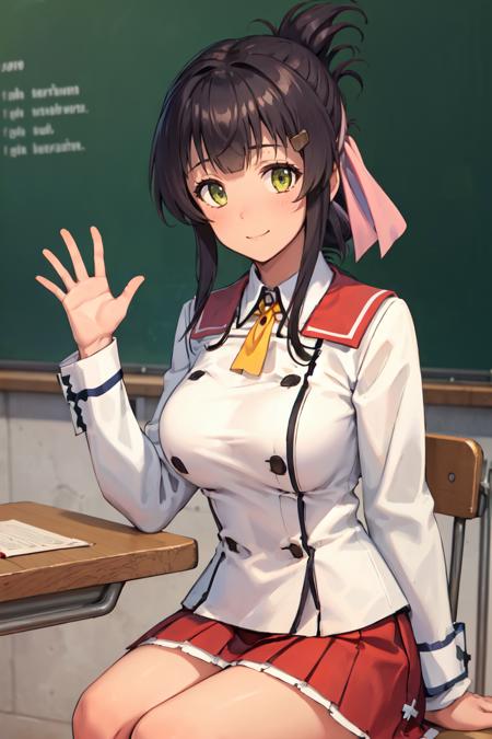 masterpiece, best quality, absurdres, 1girl, solo, MaiYanase, hairclip, folded ponytail, hair ribbon, white shirt, yellow bow, long sleeves, buttons, red sailor collar, red skirt, smile, sitting, classroom, waving at viewer, <lora:MaiYanase:1>