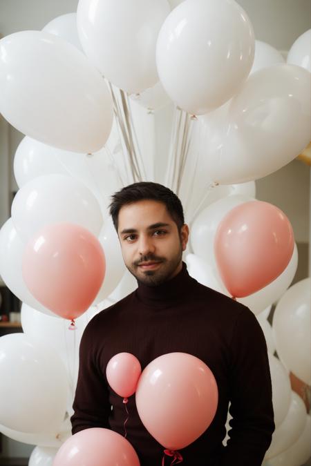 SatyaBhabha, fashion portrait photo of handsome bearded man from the 60s wearing a (red turtleneck:1.1) standing in the middle of a ton of (white balloons:1.1), taken on a hasselblad medium format camera <lora:SatyaBhabhaLora:1>