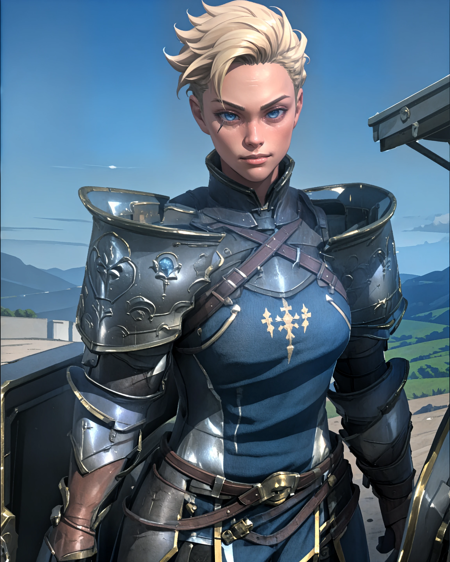 Athel, 1girl, short hair, blonde hair, blue eyes armor, blue tabard, large pauldrons, knight full armor holding weapon, spear, polearm shield