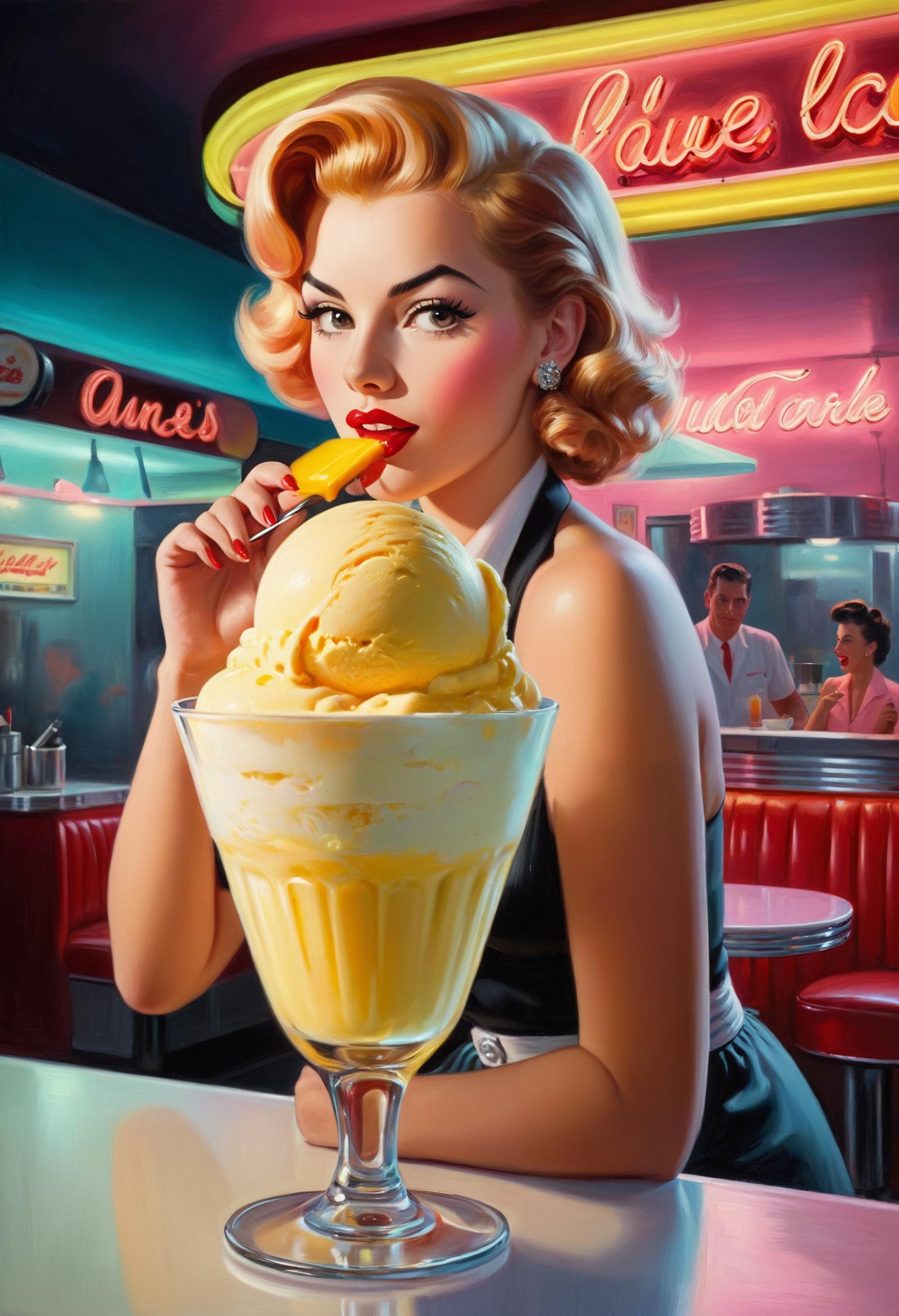 Woman in a Diner Holding a Glass Bowl of Ice Cream